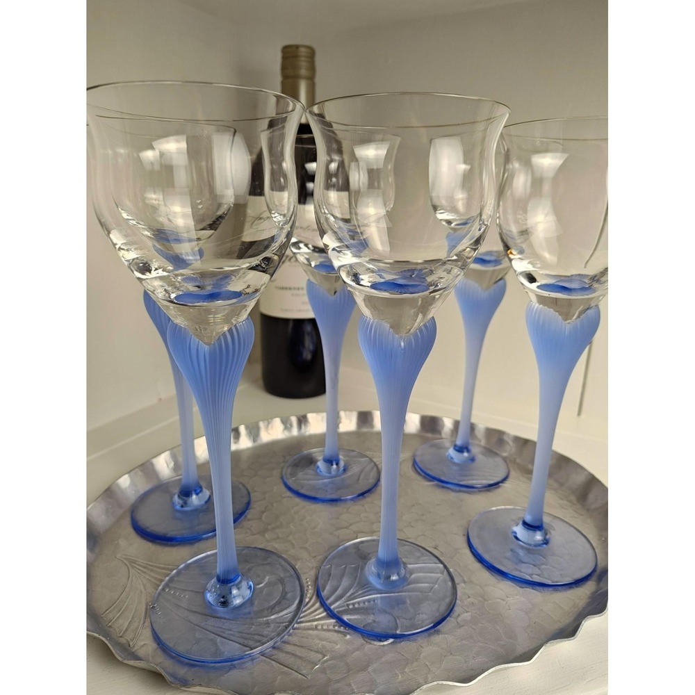 Set of 6 Vintage Mikasa Sea Mist Sapphire Wine Glasses Blue Ribbed Stem